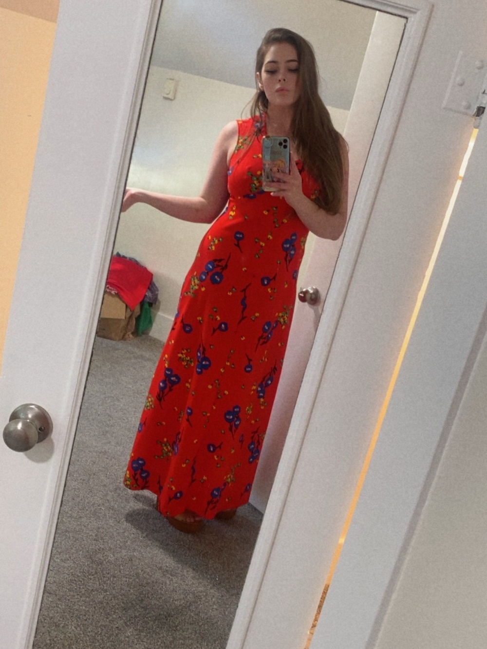 VINTAGE 60s 70s RED BLUE YELLOW FLORAL POPPY SLEEVELESS MOD MAXI DRESS